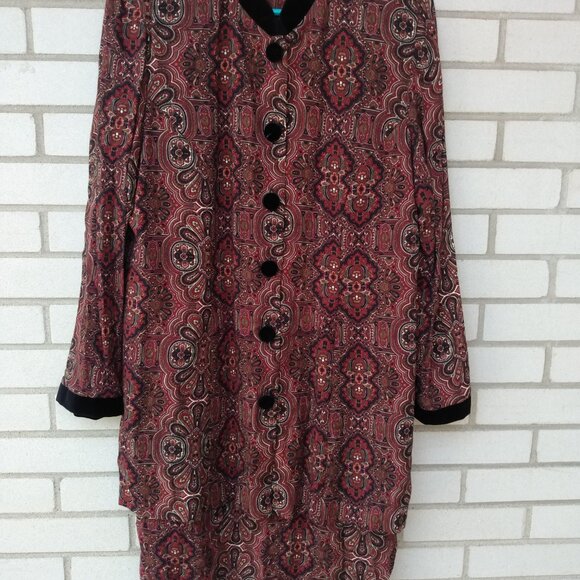 Vintage Burgundy Rayon Dress Size 16 Black Velvet Band Collar Cuffs Buttons Kari - Picture 2 of 11
